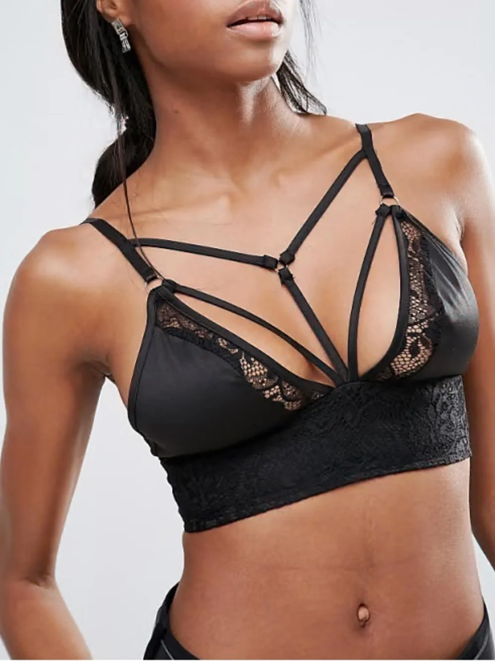 Missguided Harness Detail Lace Bralette, Black Strappy